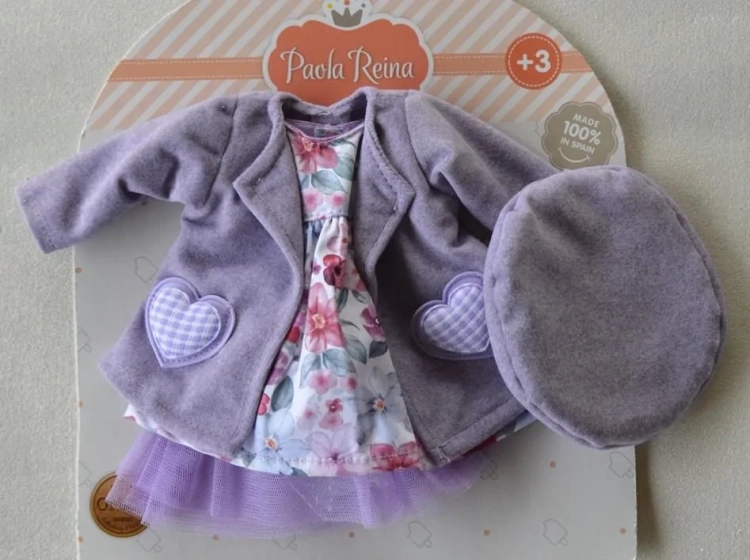 Oryginalne ubranko Paola Reina dla lalki 32 cm Amigas 54670, fioletowy komplet: berecik, płaszczyk, sukienka, podkolanówki, majteczki