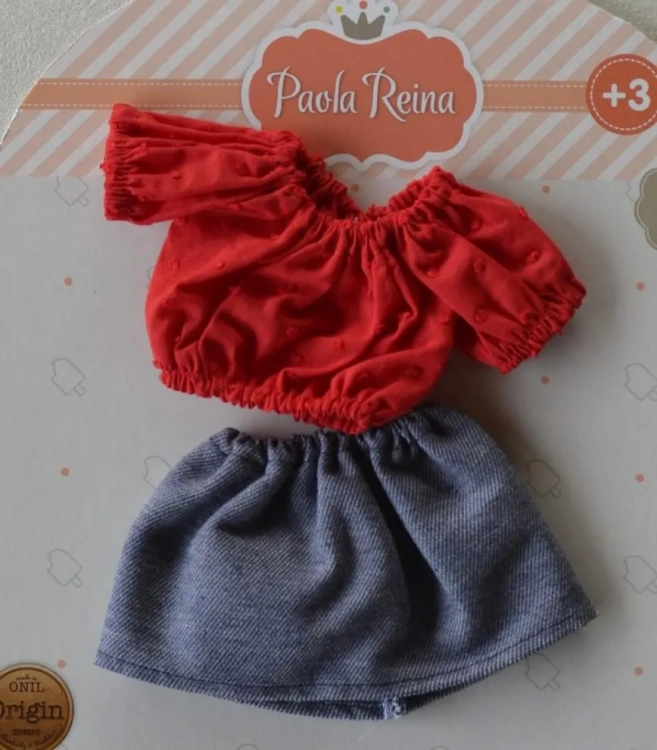 Oryginalne ubranko Paola Reina dla lalki 32 cm Amigas 54671, czerwona bluzka, niebieska spódniczka, majteczki