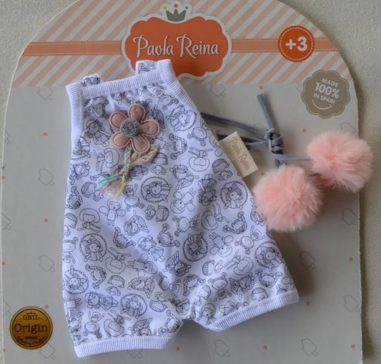 Oryginalne ubranko Paola Reina dla lalki 32 cm Amigas 54675, kombinezon we wzorki, gumki do włosów