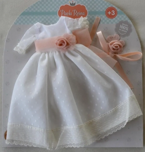 Oryginalne ubranko Paola Reina dla lalki 32 cm Amigas 54828, śliczna długa biała sukienka, majteczki, wstążka do włosów