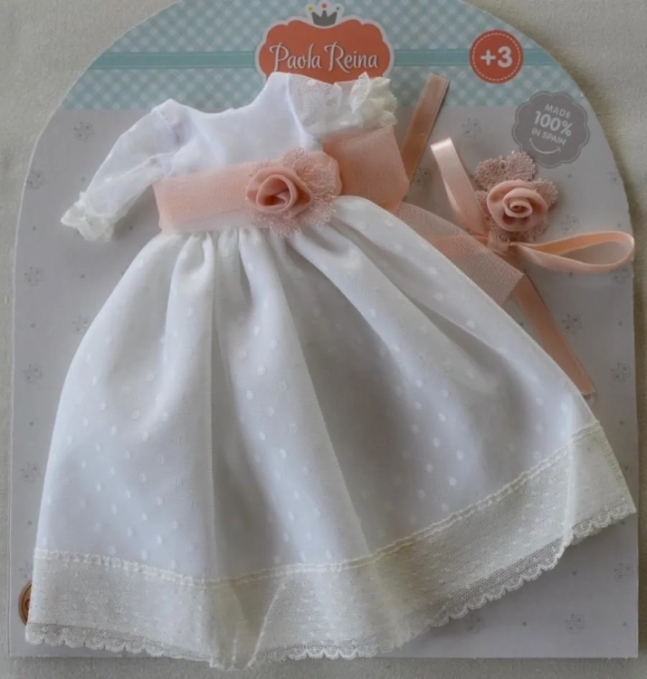 Oryginalne ubranko Paola Reina dla lalki 32 cm Amigas 54828, śliczna długa biała sukienka, majteczki, wstążka do włosów