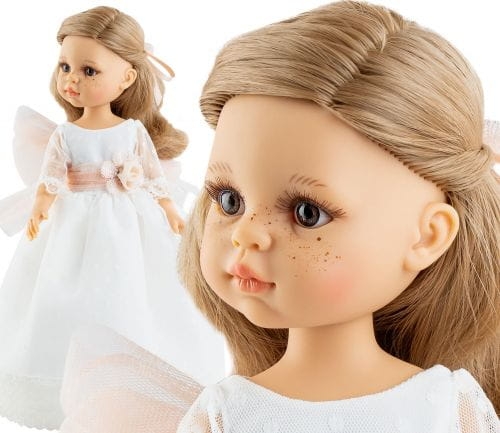 Oryginalne ubranko Paola Reina dla lalki 32 cm Amigas 54828, śliczna długa biała sukienka, majteczki, wstążka do włosów