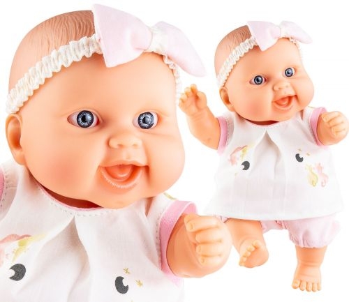 Lalka Hiszpańska 21 cm Paola Reina 00197 Peques, bobas cały z winylu, dziewczynka, opaska na glowę, sukienka, bufiaste spodenki