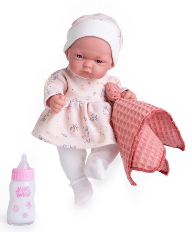 Lalka Hiszpańska 26 cm Antonio Juan 84087 Pitu, bobas cały z winylu, dziewczynka, bez włosów, w ubranku, kocyk, buteleczka