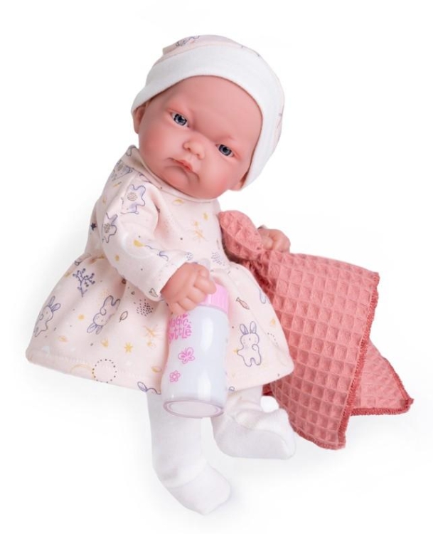 Lalka Hiszpańska 26 cm Antonio Juan 84087 Pitu, bobas cały z winylu, dziewczynka, bez włosów, w ubranku, kocyk, buteleczka