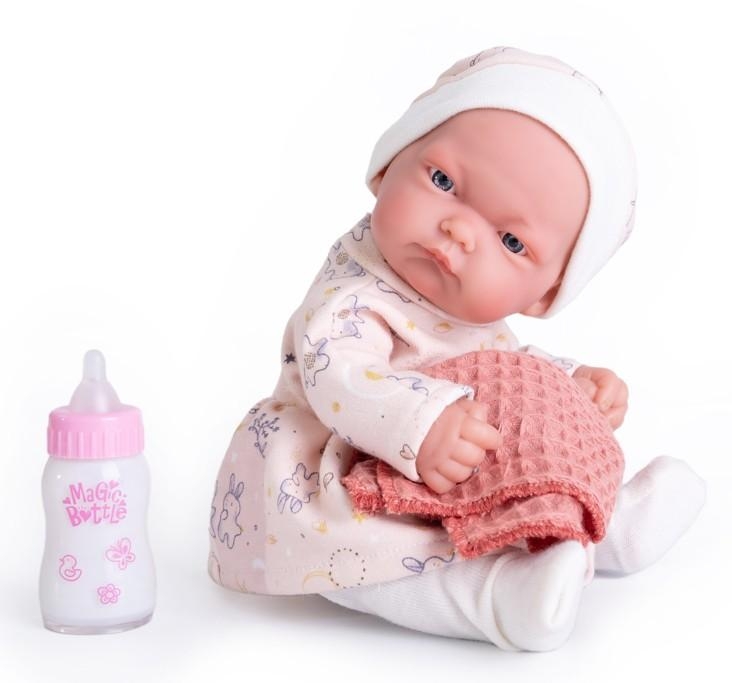 Lalka Hiszpańska 26 cm Antonio Juan 84087 Pitu, bobas cały z winylu, dziewczynka, bez włosów, w ubranku, kocyk, buteleczka