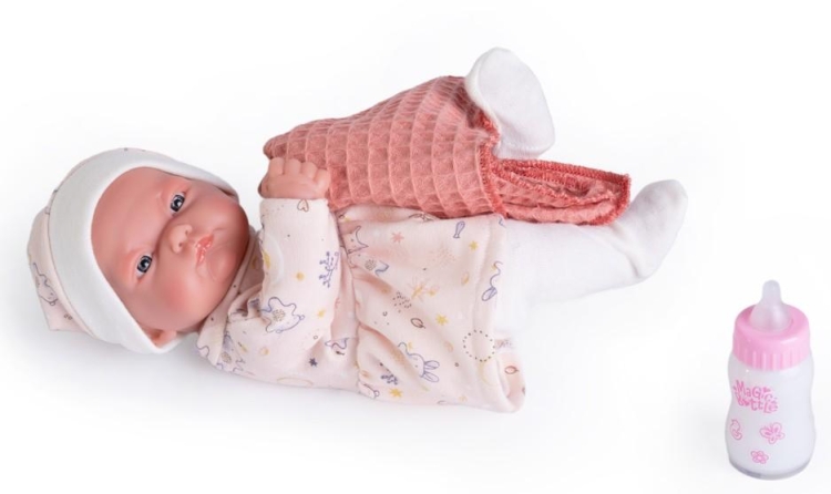 Lalka Hiszpańska 26 cm Antonio Juan 84087 Pitu, bobas cały z winylu, dziewczynka, bez włosów, w ubranku, kocyk, buteleczka