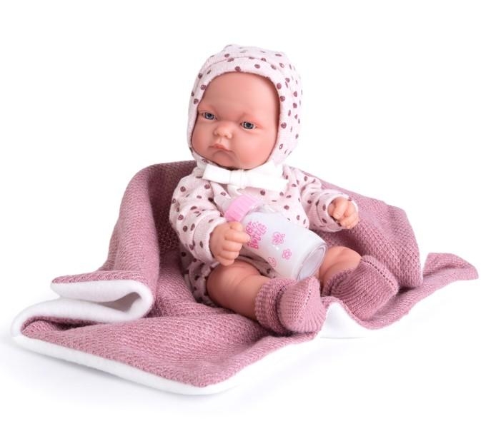 Lalka Hiszpańska 26 cm Antonio Juan 84088 Pitu, bobas cały z winylu, dziewczynka, bez włosów, w ubranku, kocyk, magiczna buteleczka z mlekiem