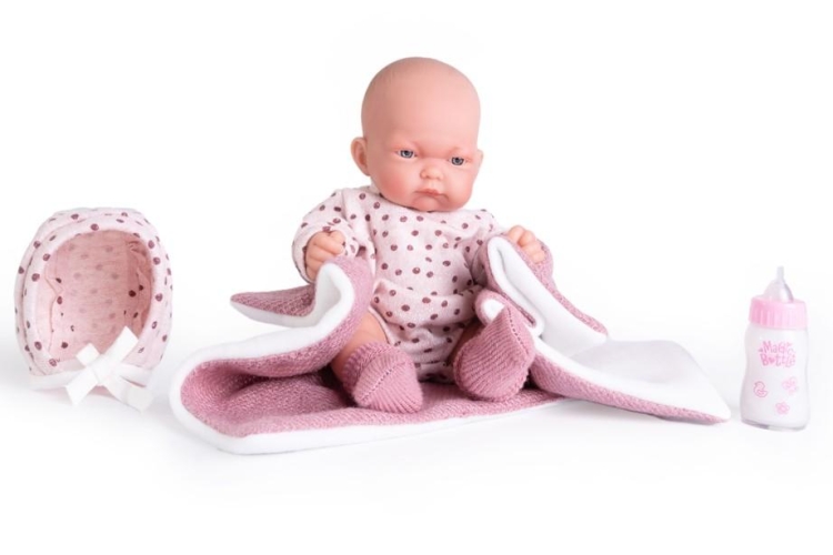 Lalka Hiszpańska 26 cm Antonio Juan 84088 Pitu, bobas cały z winylu, dziewczynka, bez włosów, w ubranku, kocyk, magiczna buteleczka z mlekiem