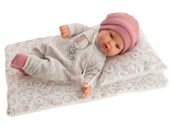 Lalka Hiszpańska 27 cm Antonio Juan 11115 Kika, bobas miękki brzuszek, płacze, mówi mama papa, bez włosów, w ubranku, magnetyczny smoczek, kołderka i poduszka
