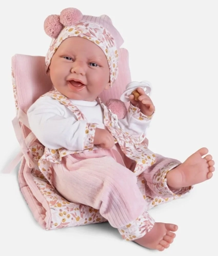 Lalka Hiszpańska 42 cm Antonio Juan 50404 Carla, bobas cały z winylu, dziewczynka, bez włosów, rzęsy, w ubranku, smoczek, dwustronny kocyk służy jako materacyk, przewijak, krzesełko