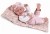 Lalka Hiszpańska 42 cm Antonio Juan 50404 Carla, bobas cały z winylu, dziewczynka, bez włosów, rzęsy, w ubranku, smoczek, dwustronny kocyk służy jako materacyk, przewijak, krzesełko