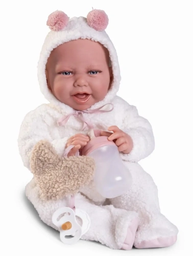 Lalka Hiszpańska 42 cm Antonio Juan 33369 Carla, bobas miękki brzuszek, rączki i nóżki na ruchomych stawach, co pozwala na posadzenie laleczki, uśmiechnięta, widoczny języczek i ząbki, w ubranku, smoczek, buteleczka, puchate serduszko