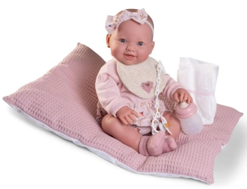 Lalka Hiszpańska 42 cm Antonio Juan 50414 Mia, bobas cały z winylu, dziewczynka, zamyka oczy, pije z buteleczki i robi siku, bez włosów, rzęsy, ubranko, smoczek, buteleczka, pieluszka pampers, poduszka