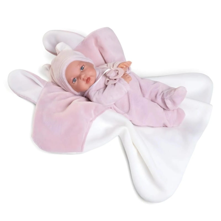 Lalka Hiszpańska 27 cm Antonio Juan 12439 Petit, bobas miękki brzuszek, bez włosów, namalowane rzęsy, w ubranku, smoczek, dwustronny kocyk z uszami