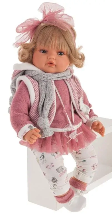 Lalka Hiszpańska 42 cm Antonio Juan 16072 Beni, bobas, miękki brzuszek, płacze, mówi: mama papa, blond włosy z grzywką, w ubranku, smoczek