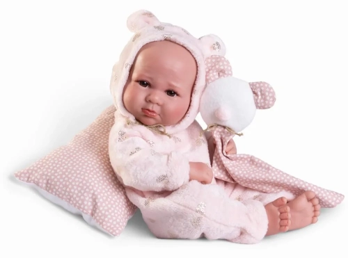 Lalka Hiszpańska 42 cm Antonio Juan 50416 Luca bobas winylowy brzuszek, dziewczynka, imitacja łez w kącikach oczu, w ubranku, poduszka i zabawka