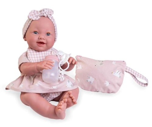 Lalka Hiszpańska 42 cm Antonio Juan 50393 Mia, bobas cały z winylu, dziewczynka, zamyka oczy, pije z buteleczki i robi siku, bez włosów, rzęsy, ubranko, smoczek, buteleczka, pieluszka pampers, kosmetyczka na akcesoria