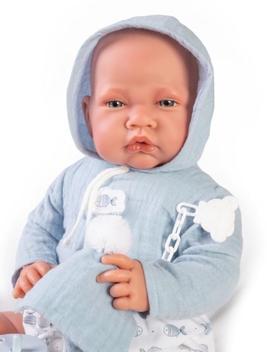 Lalka Hiszpańska 42 cm Antonio Juan 33225 Mateo, bobas miękki brzuszek, bez włosów, rzęsy, w ubranku, smoczek, poduszka rybka, malutki kocyk przytulanka
