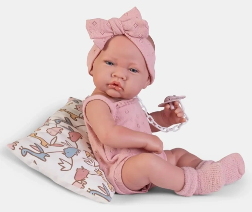 Lalka Hiszpańska 42 cm Antonio Juan 50410 Gabriela, bobas cały z winylu, dziewczynka, bez włosów, rzęsy, w ubranku, smoczek, poduszka
