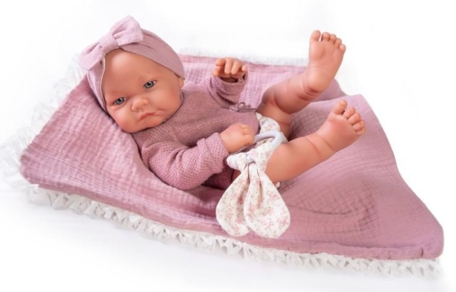 Lalka Hiszpańska 42 cm Antonio Juan 50278 Nica, bobas cały z winylu, dziewczynka, bez włosów, rzęsy, w ubranku, dwustronny kocyk, zabawka gryzak