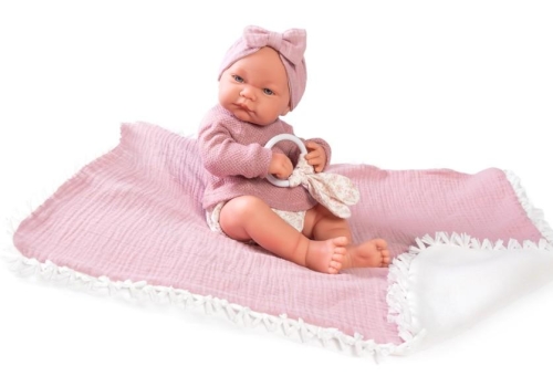 Lalka Hiszpańska 42 cm Antonio Juan 50278 Nica, bobas cały z winylu, dziewczynka, bez włosów, rzęsy, w ubranku, dwustronny kocyk, zabawka gryzak