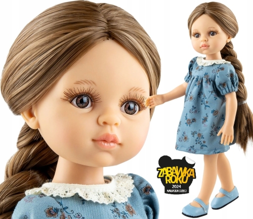 Lalka Hiszpańska 32 cm Paola Reina Amigas 04667 Laura, klasyczna, cała z winylu, brązowe oczy, brązowe długie  włosy splecione w warkocz, niebieska sukienka w kwiatuszki, majteczki, niebieskie buciki