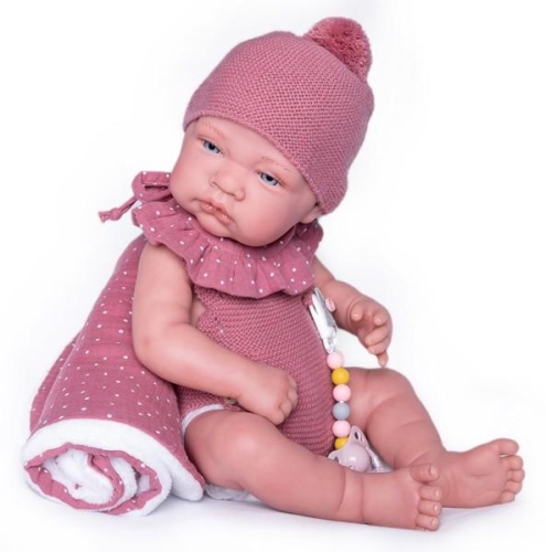 Lalka Hiszpańska 42 cm Antonio Juan 80220 Sweet Reborn Sofia, bobas cały winylowy, bez włosów, rzęsy, waga i dopracowanie szczegółów upodabnia do prawdziwego dziecka, dzianinowa czapeczka i body z falbanką, dwustronny kocyk, smoczek z zawieszką