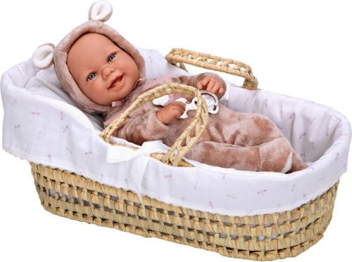 Lalka Hiszpańska 42 cm Arias 65381 cała z winylu, bobas bez włosów dziewczynka, w ubranku, smoczek, nosidełko Kosz Mojżesza