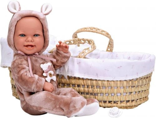 Lalka Hiszpańska 42 cm Arias 65381 cała z winylu, bobas bez włosów dziewczynka, w ubranku, smoczek, nosidełko Kosz Mojżesza