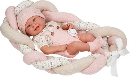 Lalka Hiszpańska 42 cm Arias 65373 cała z winylu, bobas dziewczynka, w ubranku, smoczek, poduszka kokon