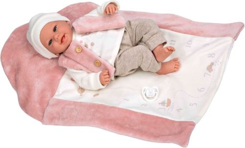 Lalka Hiszpańska 40 cm Arias 60809 bobas bez włosów miękki brzuszek, w ubranku, smoczek, różowy kocyk