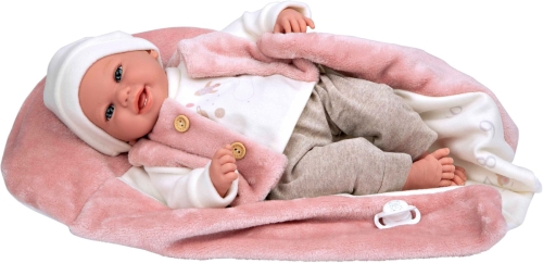 Lalka Hiszpańska 40 cm Arias 60809 bobas bez włosów miękki brzuszek, w ubranku, smoczek, różowy kocyk