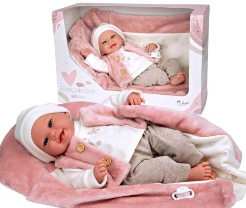Lalka Hiszpańska 40 cm Arias 60809 bobas bez włosów miękki brzuszek, w ubranku, smoczek, różowy kocyk