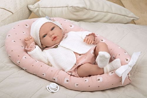 Lalka Hiszpańska 40 cm Arias 60684 bobas bez włosów miękki brzuszek, w ubranku, smoczek, poduszka kokon