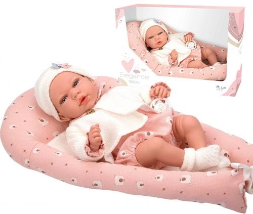 Lalka Hiszpańska 40 cm Arias 60684 bobas bez włosów miękki brzuszek, w ubranku, smoczek, poduszka kokon