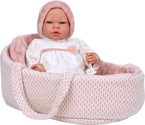 Lalka Hiszpańska 40 cm Arias 50812 bobas bez włosów miękki brzuszek, płacze, mówi mama papa, w ubranku, smoczek, nosidełko z poduszeczką