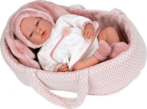 Lalka Hiszpańska 40 cm Arias 50812 bobas bez włosów miękki brzuszek, płacze, mówi mama papa, w ubranku, smoczek, nosidełko z poduszeczką