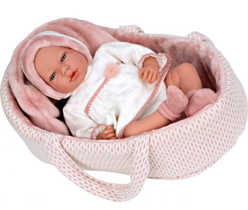 Lalka Hiszpańska 40 cm Arias 50812 bobas bez włosów miękki brzuszek, płacze, mówi mama papa, w ubranku, smoczek, nosidełko z poduszeczką