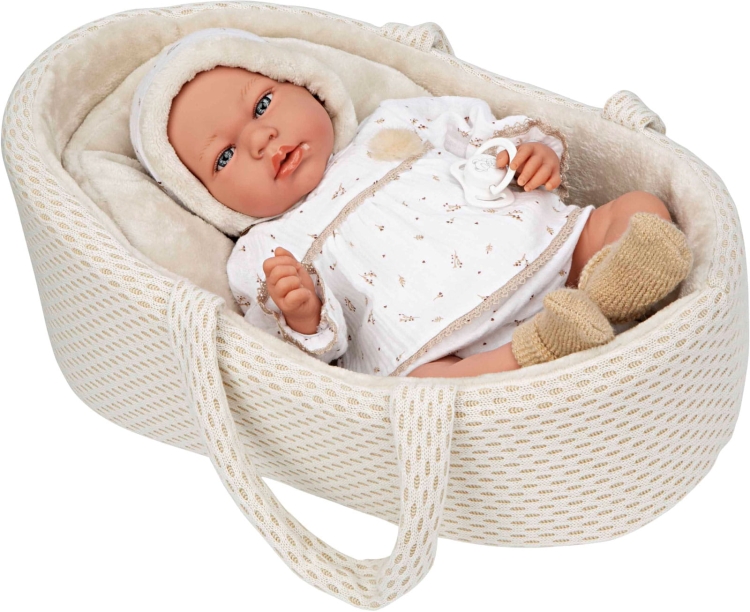 Lalka Hiszpańska 40 cm Arias 50803 bobas bez włosów miękki brzuszek, płacze, mówi mama papa, w ubranku, smoczek, nosidełko z poduszeczką