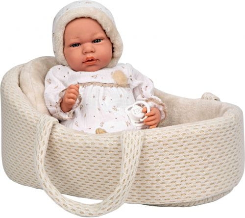 Lalka Hiszpańska 40 cm Arias 50803 bobas bez włosów  miękki brzuszek, płacze, mówi mama papa, w ubranku, smoczek, nosidełko z poduszeczką