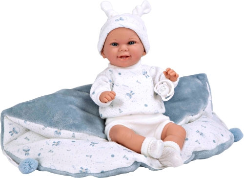 Lalka Hiszpańska 35 cm Arias 60830 bobas bez włosów miękki brzuszek, w ubranku, smoczek, ciepła kołderka