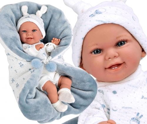 Lalka Hiszpańska 35 cm Arias 60830 bobas bez włosów miękki brzuszek, w ubranku, smoczek, ciepła kołderka