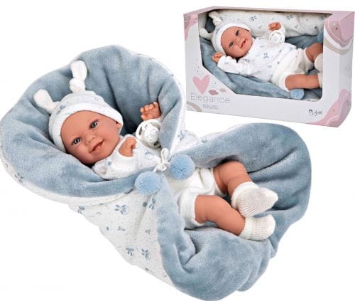 Lalka Hiszpańska 35 cm Arias 60830 bobas bez włosów  miękki brzuszek, w ubranku, smoczek, ciepła kołderka