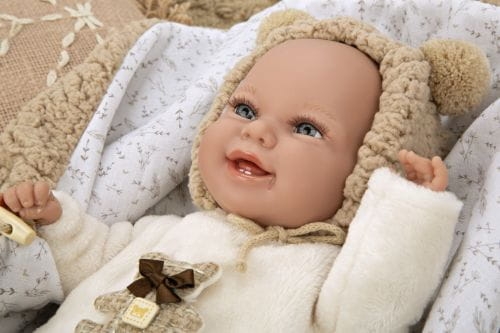 Lalka Hiszpańska 35 cm Arias 60828 bobas bez włosów miękki brzuszek, w ubranku, smoczek, kocyk z zapięciem