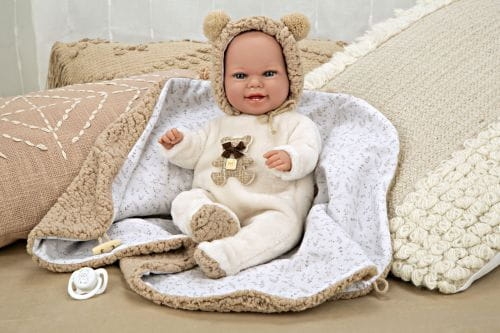 Lalka Hiszpańska 35 cm Arias 60828 bobas bez włosów miękki brzuszek, w ubranku, smoczek, kocyk z zapięciem