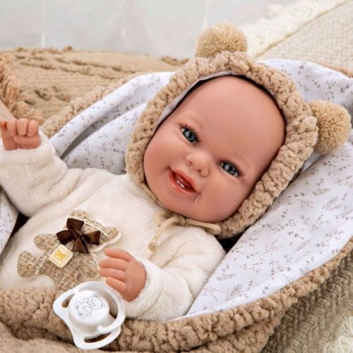 Lalka Hiszpańska 35 cm Arias 60828 bobas bez włosów miękki brzuszek, w ubranku, smoczek, kocyk z zapięciem
