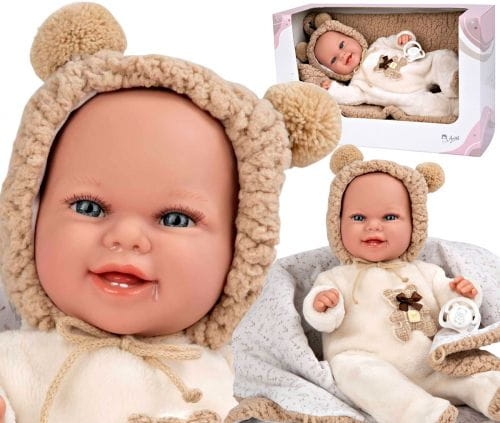 Lalka Hiszpańska 35 cm Arias 60828 bobas bez włosów miękki brzuszek, w ubranku, smoczek, kocyk z zapięciem
