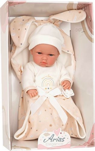 Lalka Hiszpańska 30 cm Arias 60761 cała z winylu, chłopiec, smoczek, kocyk z kapturem i uszami królika