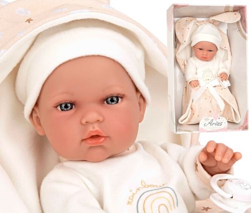 Lalka Hiszpańska 30 cm Arias 60761 cała z winylu, chłopiec, smoczek, kocyk z kapturem i uszami królika